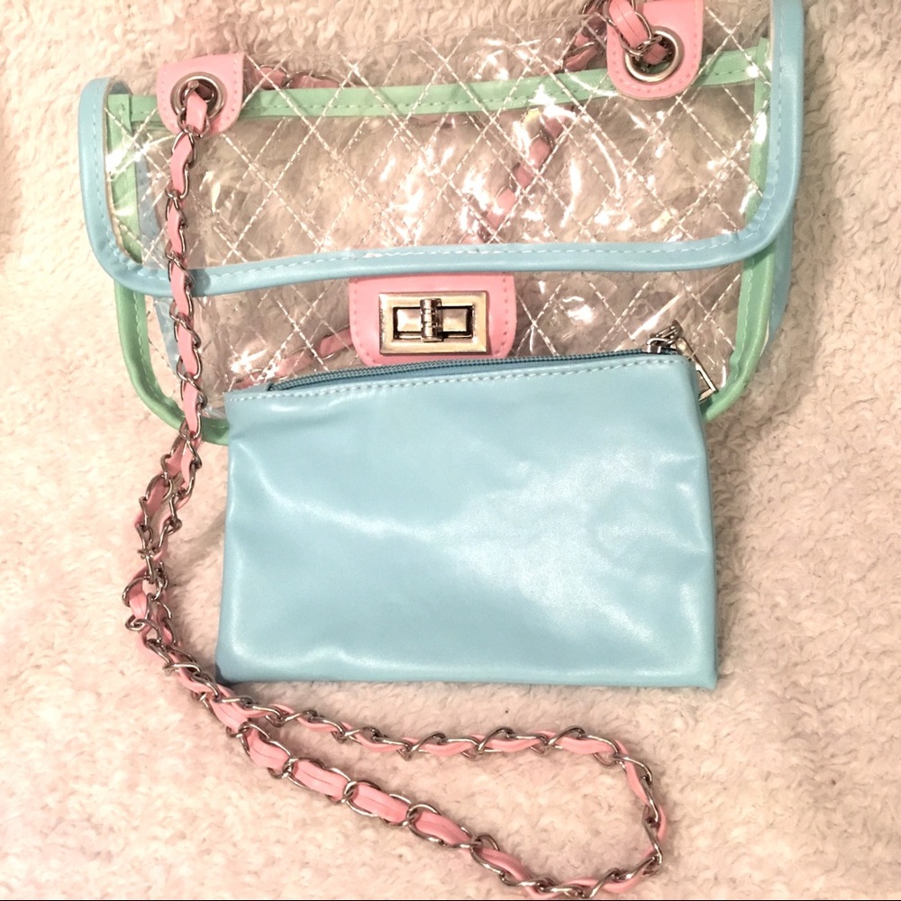 CLEAR OR TRANSPARENT WITH PINK & MINT TRIM HANDBAG - Picture 8 of 8